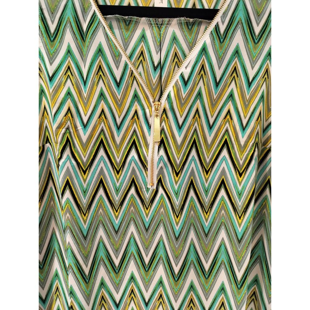 Tacera Women’s Small Green Chevron Sleeveless Blouse Gold Zip V-Neck Top - Picture 2 of 7